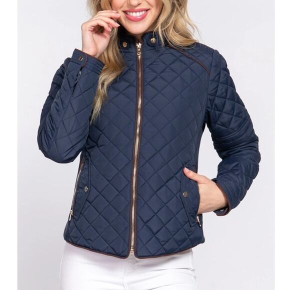 Suede Piping Detail Knit Rib Quilted Padding Jacket Navy Blue - Picture 2 of 6